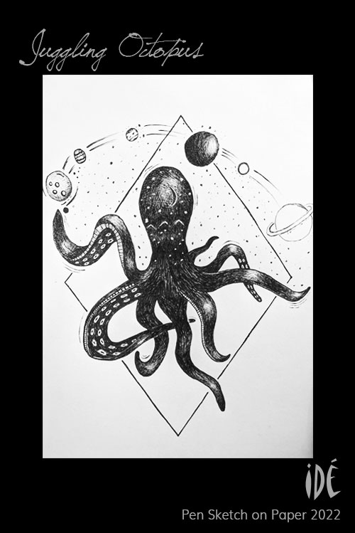 Pen Sketch of an octopus juggling planets